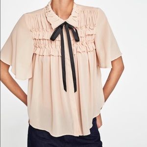 NWT Zara Ruffle Blouse With Bow - Blush